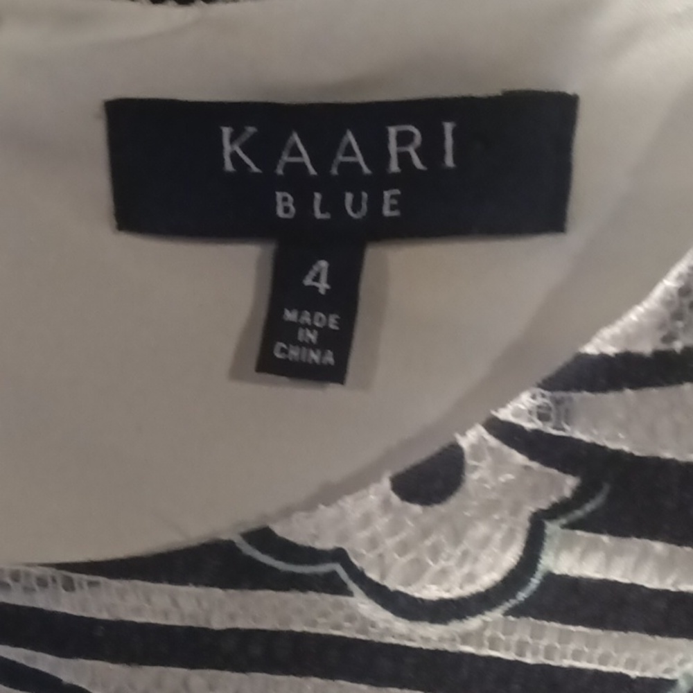 NWT KAARI BLUE poly blend blue/white striped dress w red/white floral print Sz 4